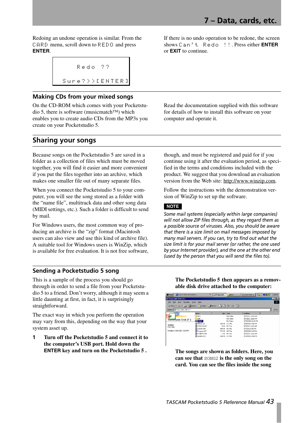 Making cds from your mixed songs, Sharing your songs, Sending a pocketstudio 5 song | 7 – data, cards, etc | Teac PocketStudio 5 Reference Manual User Manual | Page 43 / 50