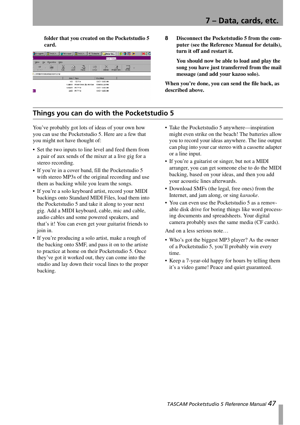 Things you can do with the pocketstudio 5, Things you can do with the, Pocketstudio 5 | 7 – data, cards, etc | Teac PocketStudio 5 Reference Manual User Manual | Page 47 / 50