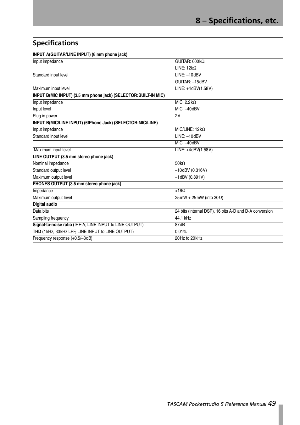 Specifications, 8 – specifications, etc, 49 specifications | Teac PocketStudio 5 Reference Manual User Manual | Page 49 / 50