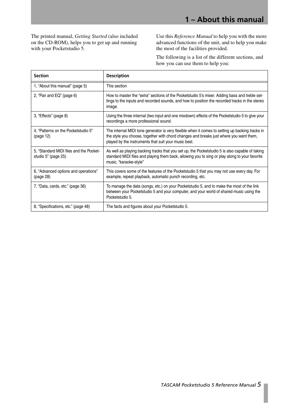 1 – about this manual | Teac PocketStudio 5 Reference Manual User Manual | Page 5 / 50