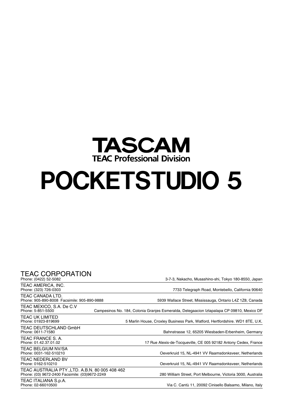 Pocketstudio 5, Teac corporation | Teac PocketStudio 5 Reference Manual User Manual | Page 50 / 50