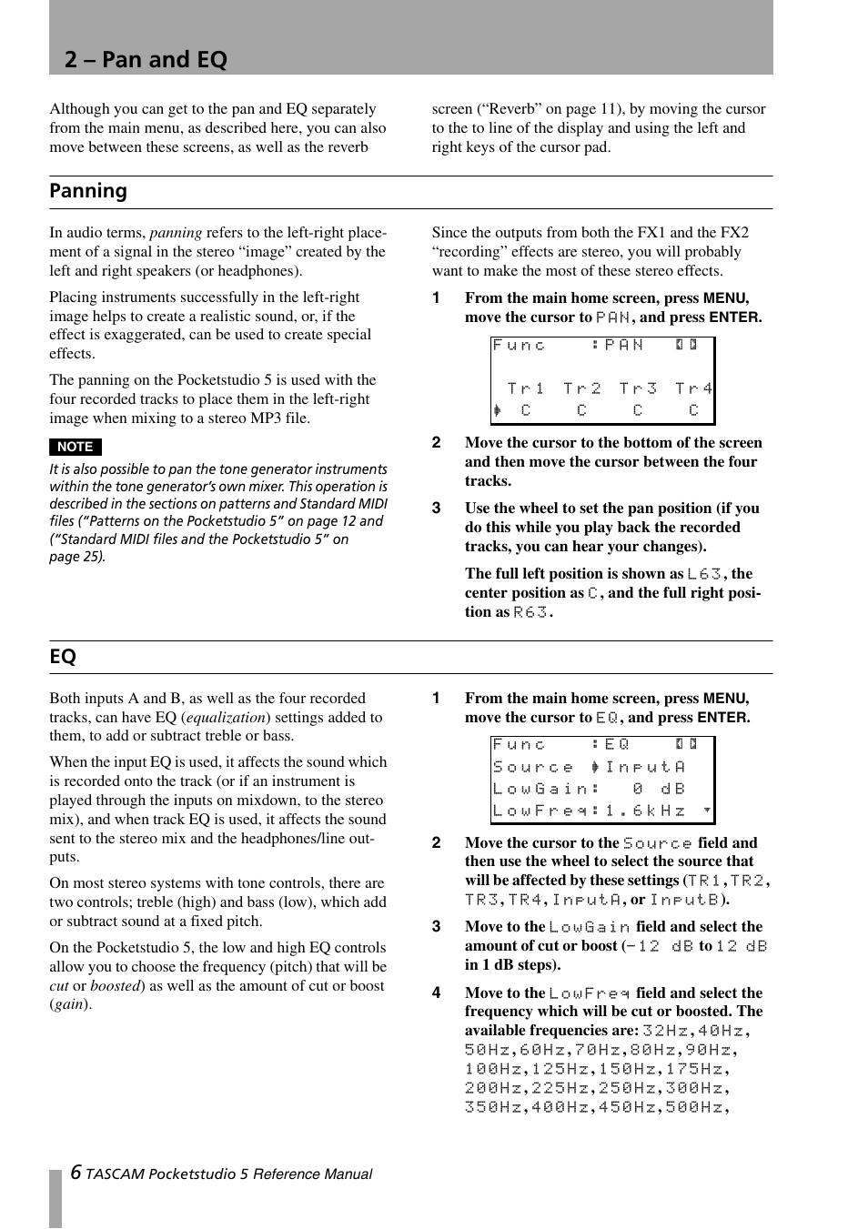 2 – pan and eq, Panning, Panning eq | Teac PocketStudio 5 Reference Manual User Manual | Page 6 / 50