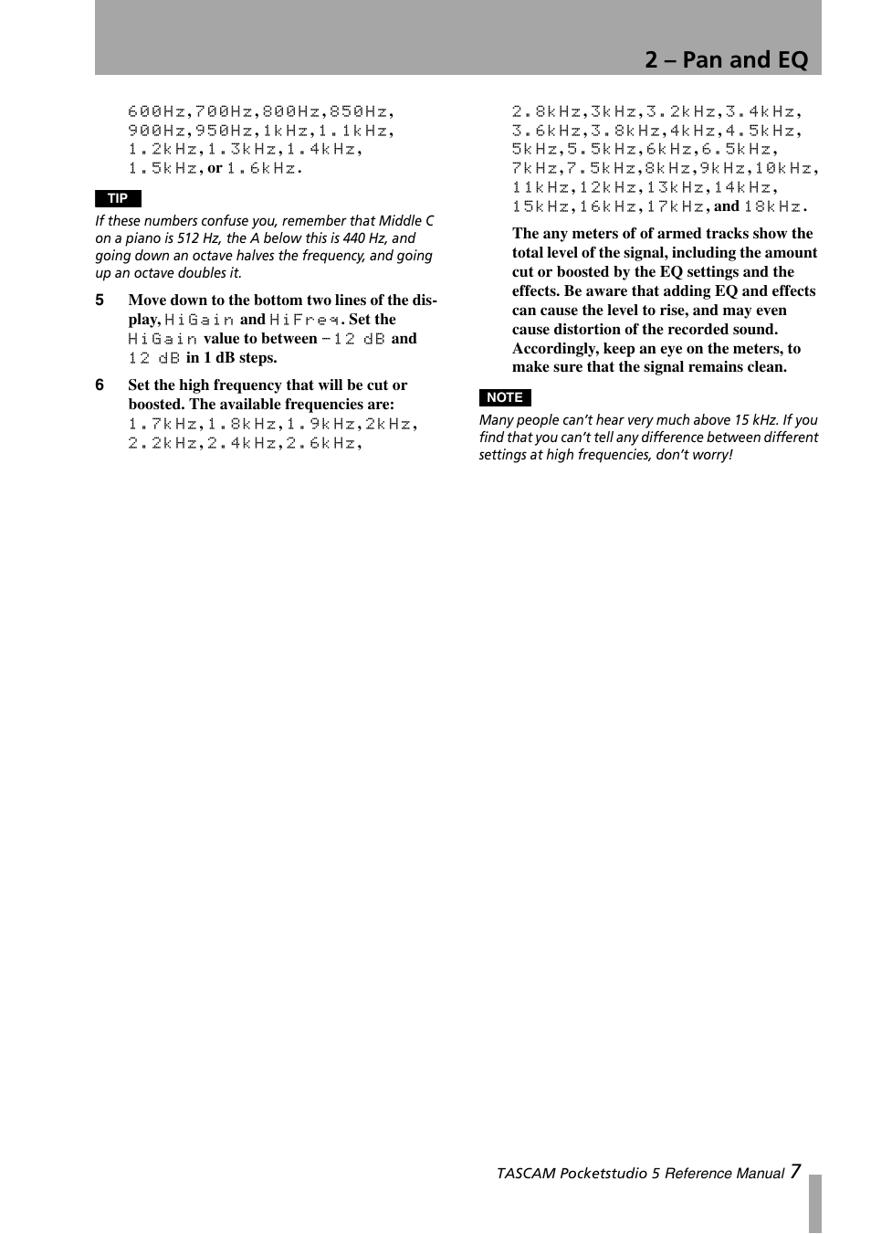 2 – pan and eq | Teac PocketStudio 5 Reference Manual User Manual | Page 7 / 50