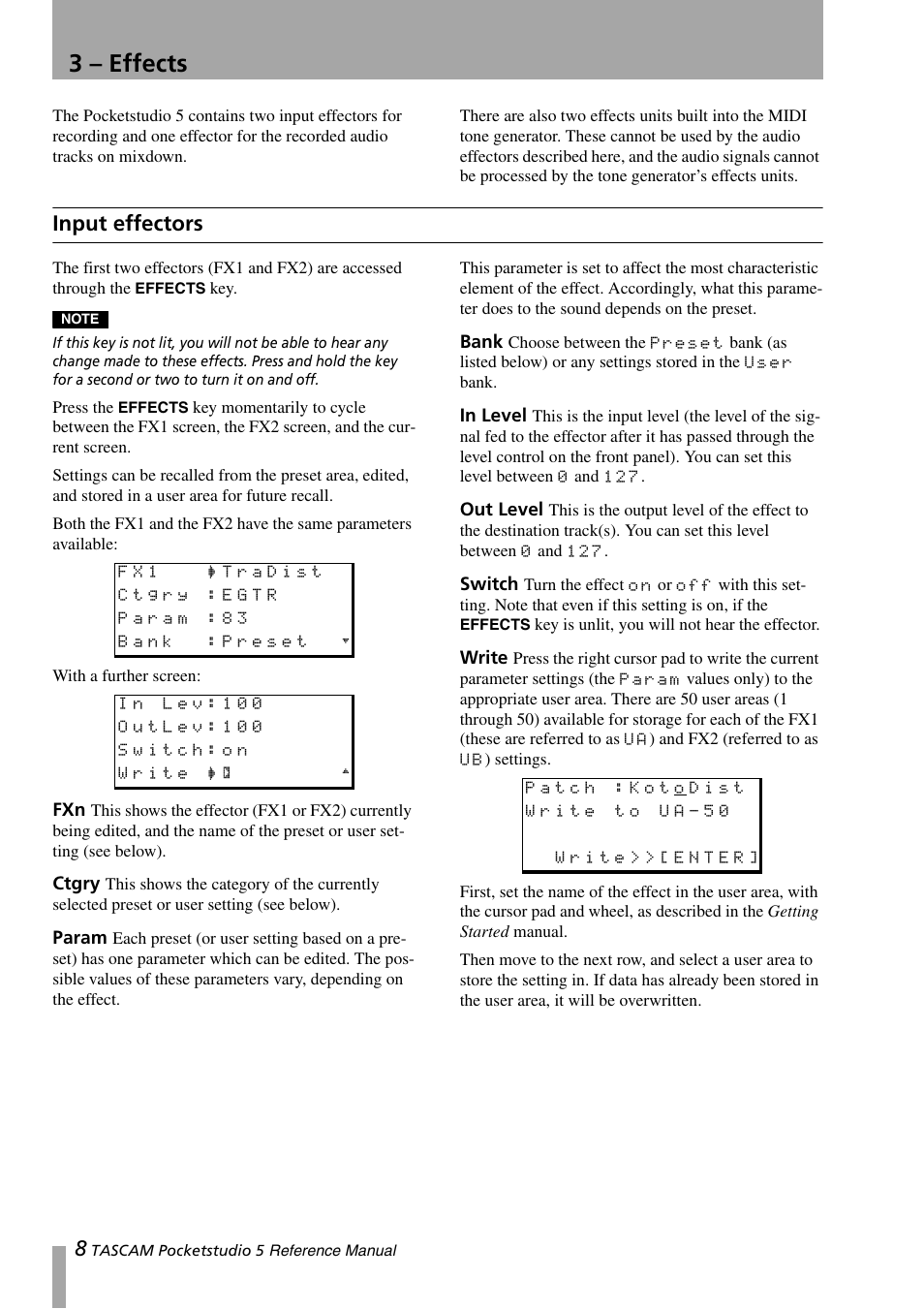 3 – effects, Input effectors, Ctgry | Param, Bank, In level, Out level, Switch, Write | Teac PocketStudio 5 Reference Manual User Manual | Page 8 / 50