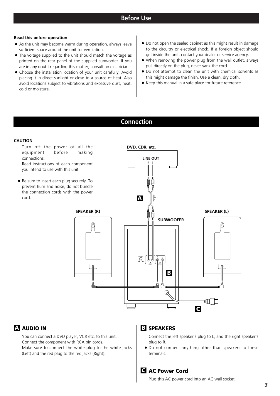 Before use, Connection, Audio in | Speakers, Ac power cord, Cb a b c | Teac VL-S21 User Manual | Page 2 / 3