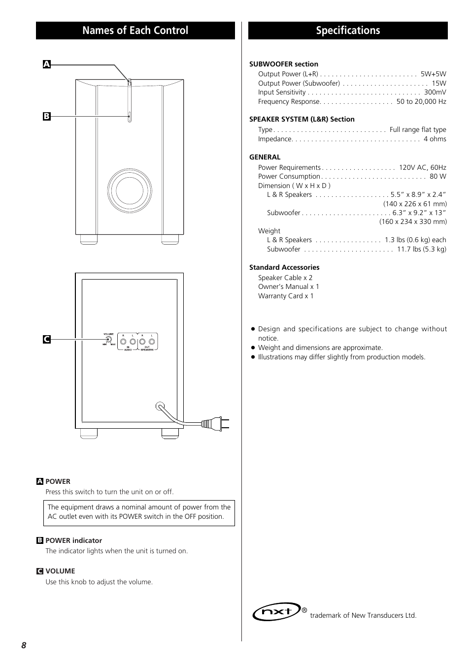 Names of each control, Specifications | Teac VL-S21 User Manual | Page 3 / 3