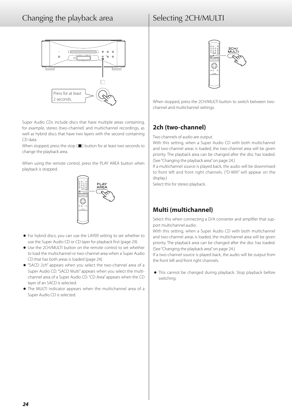 Changing the playback area, Selecting 2ch/multi, 2ch (two-channel) | Multi (multichannel), 2ch (two-channel) multi (multichannel) | Teac GRANDIOSO P1 User Manual | Page 24 / 104