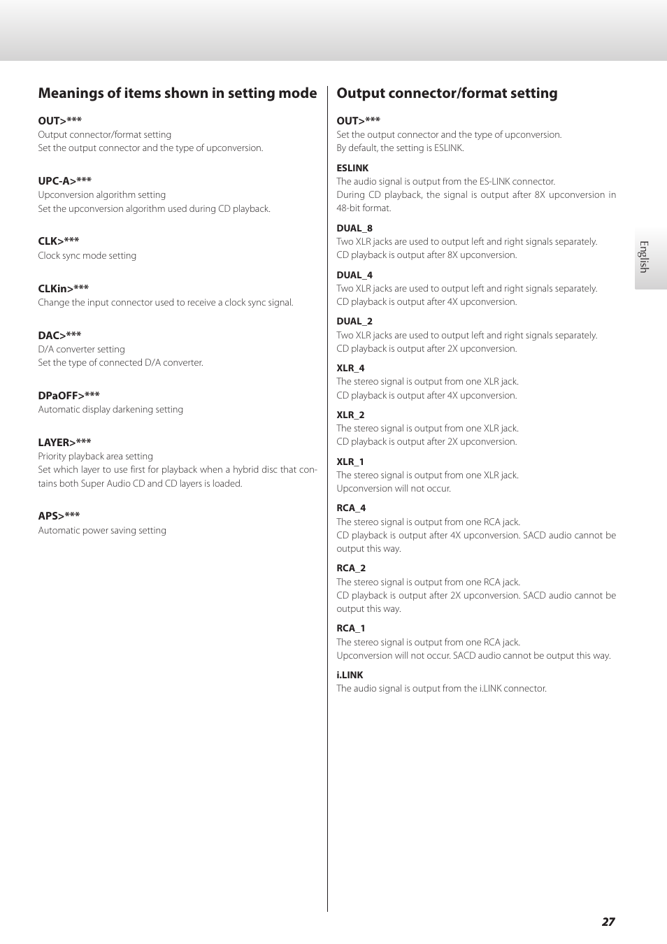 Meanings of items shown in setting mode, Output connector/format setting | Teac GRANDIOSO P1 User Manual | Page 27 / 104