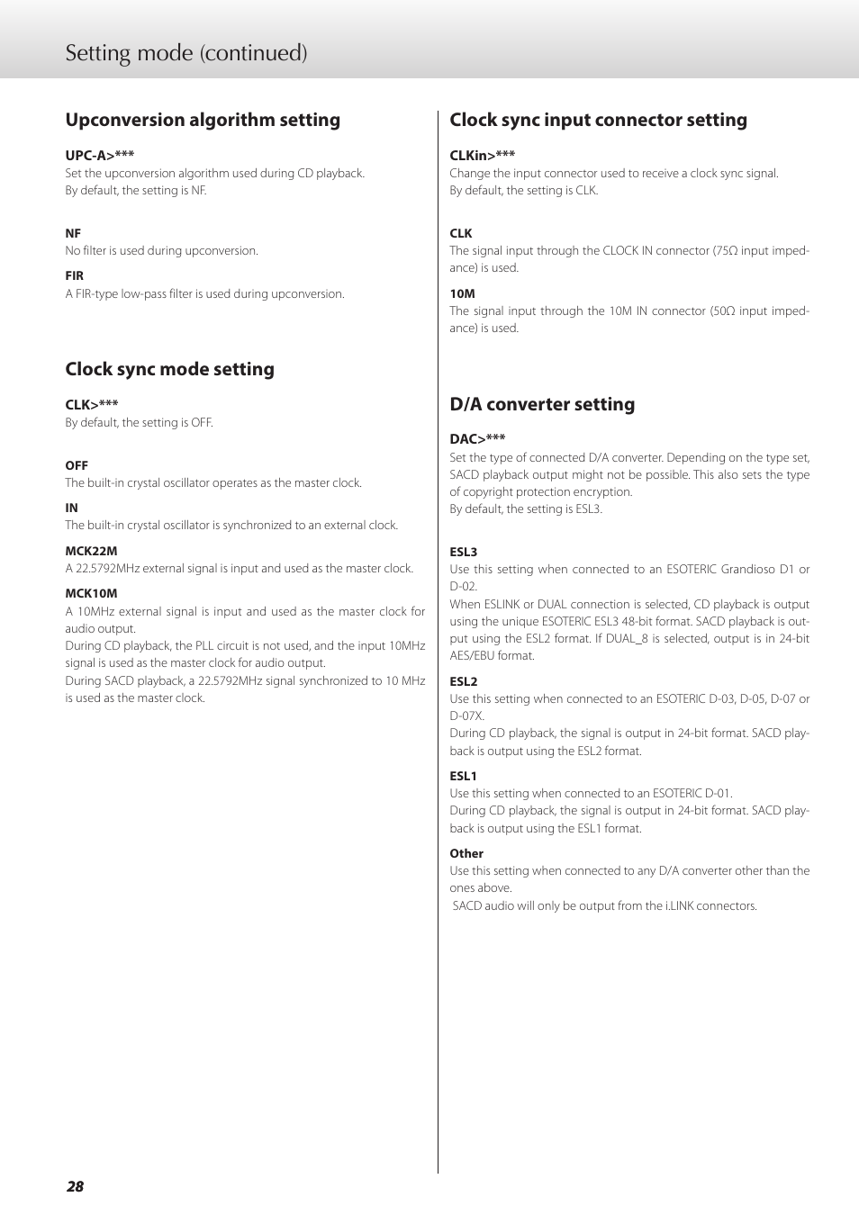 Upconversion algorithm setting, Clock sync mode setting, Clock sync input connector setting | D/a converter setting, Setting mode (continued) | Teac GRANDIOSO P1 User Manual | Page 28 / 104