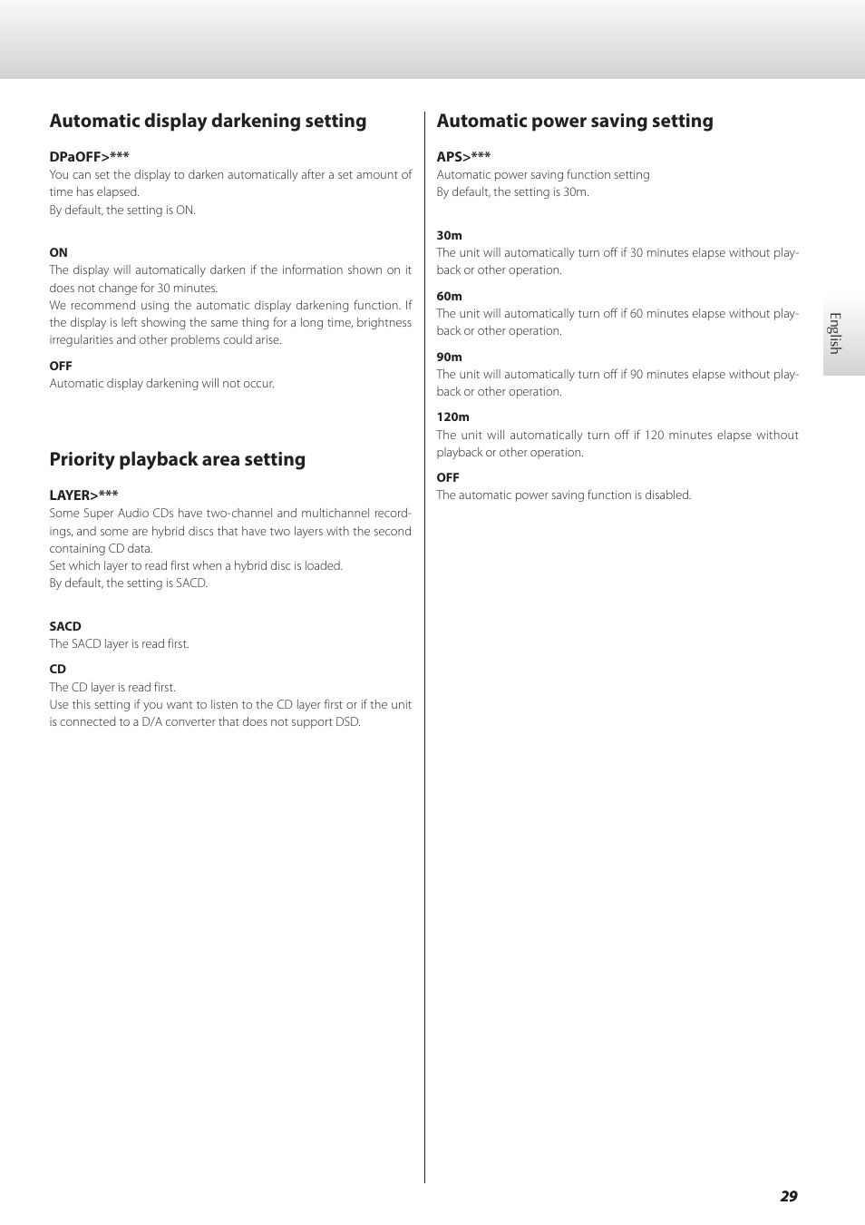 Automatic display darkening setting, Priority playback area setting, Automatic power saving setting | Teac GRANDIOSO P1 User Manual | Page 29 / 104