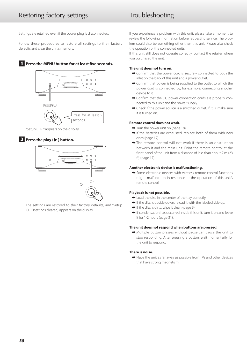 Restoring factory settings, Troubleshooting | Teac GRANDIOSO P1 User Manual | Page 30 / 104