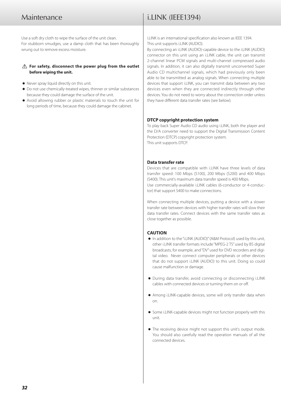 Maintenance, I.link (ieee1394), I.link (ieee1394) maintenance | Teac GRANDIOSO P1 User Manual | Page 32 / 104