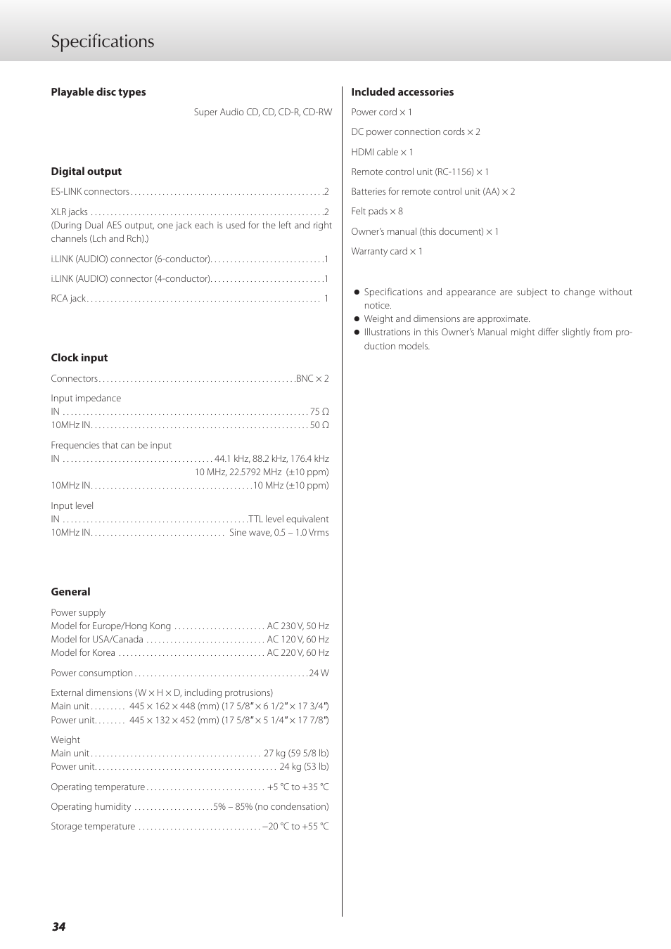 Specifications | Teac GRANDIOSO P1 User Manual | Page 34 / 104