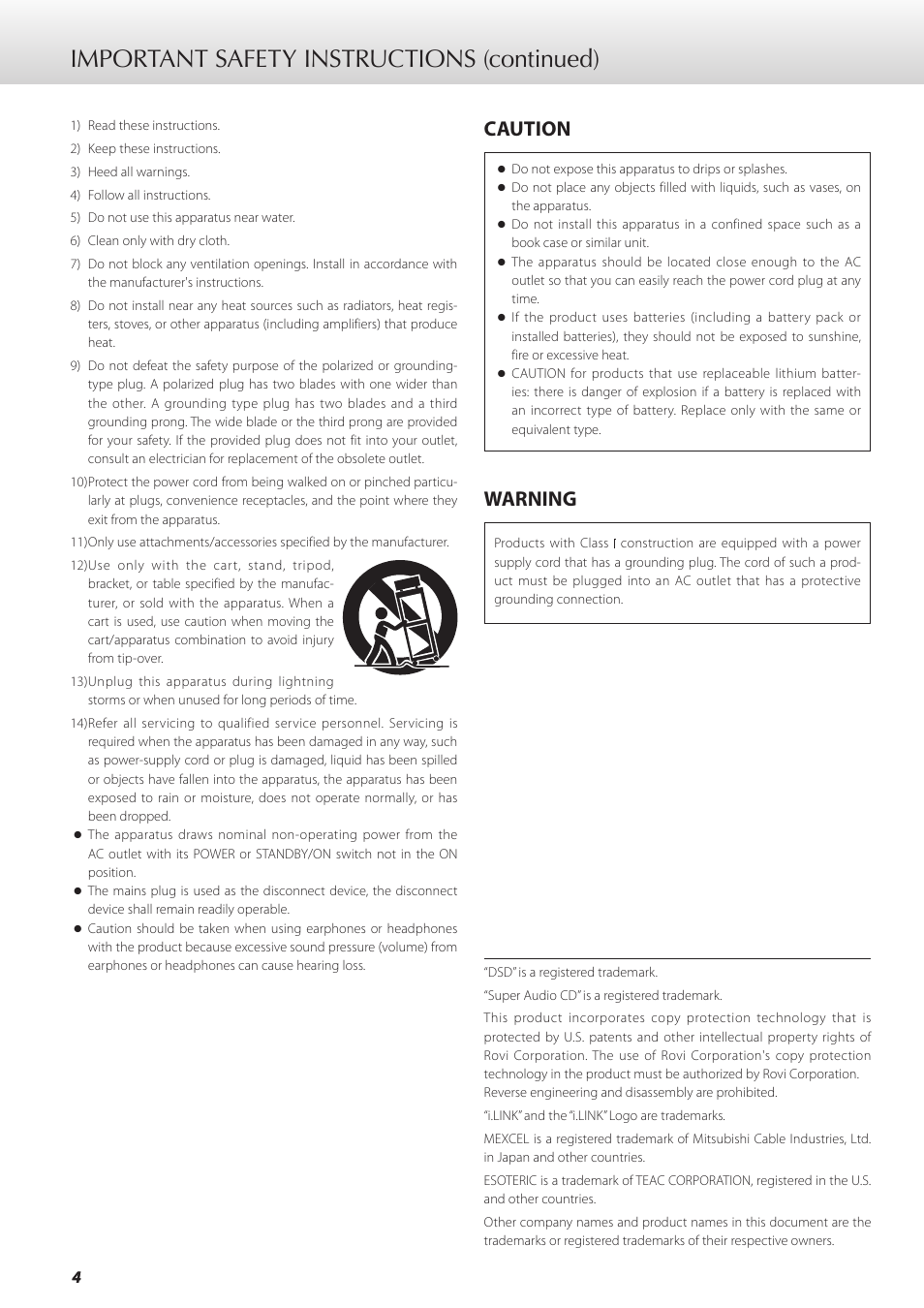 Important safety instructions (continued), Caution, Warning | Teac GRANDIOSO P1 User Manual | Page 4 / 104