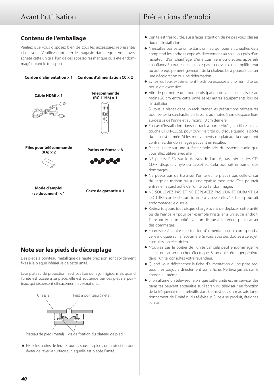 Avant l’utilisation, Contenu de l'emballage, Note sur les pieds de découplage | Précautions d'emploi | Teac GRANDIOSO P1 User Manual | Page 40 / 104