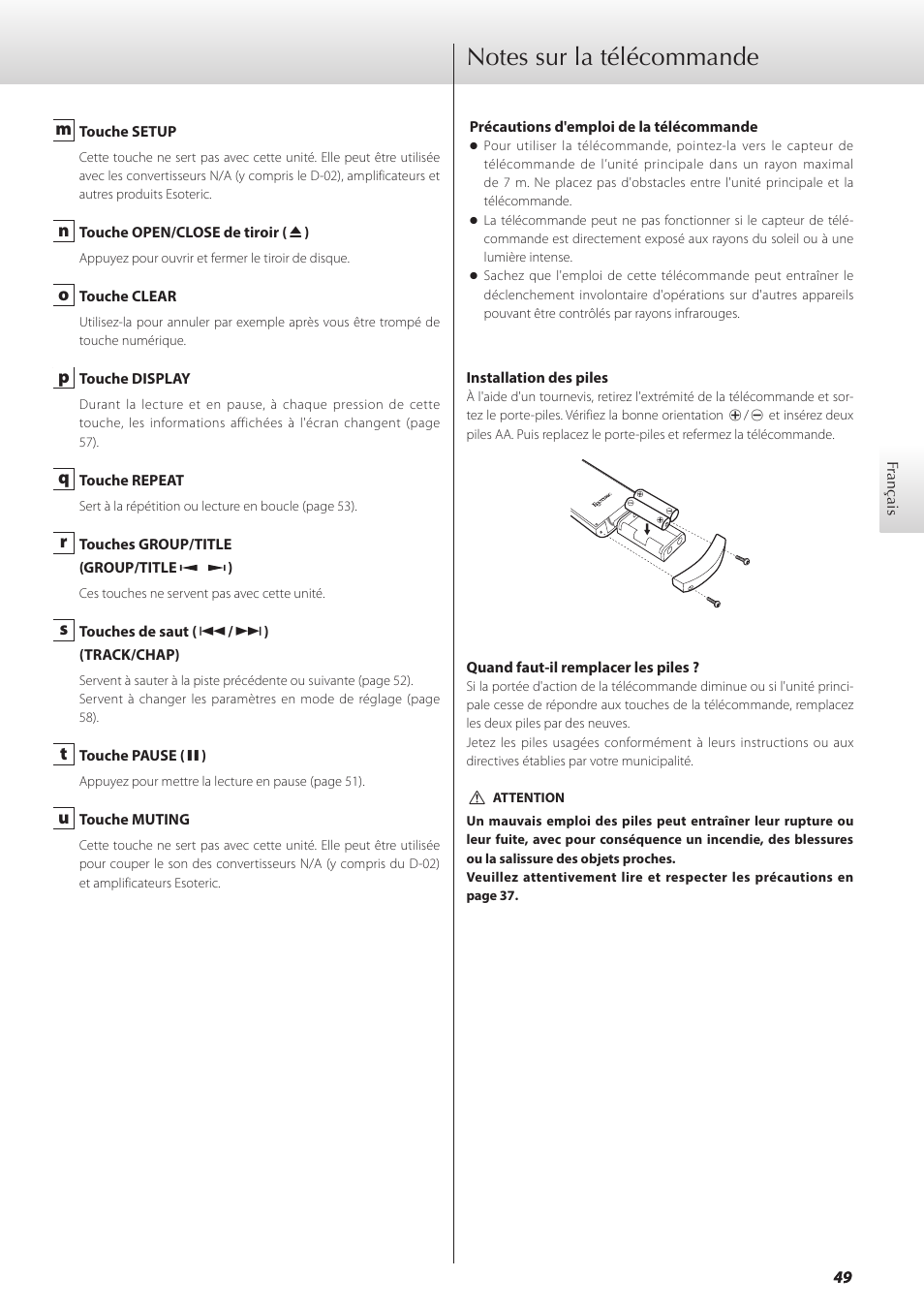 Notes sur la télécommande | Teac GRANDIOSO P1 User Manual | Page 49 / 104