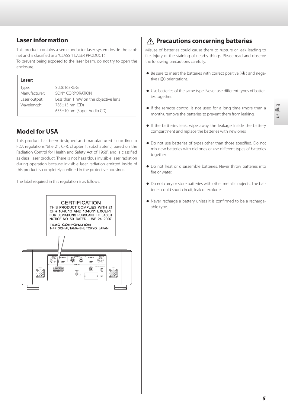 Laser information, Model for usa, Vprecautions concerning batteries | Teac GRANDIOSO P1 User Manual | Page 5 / 104