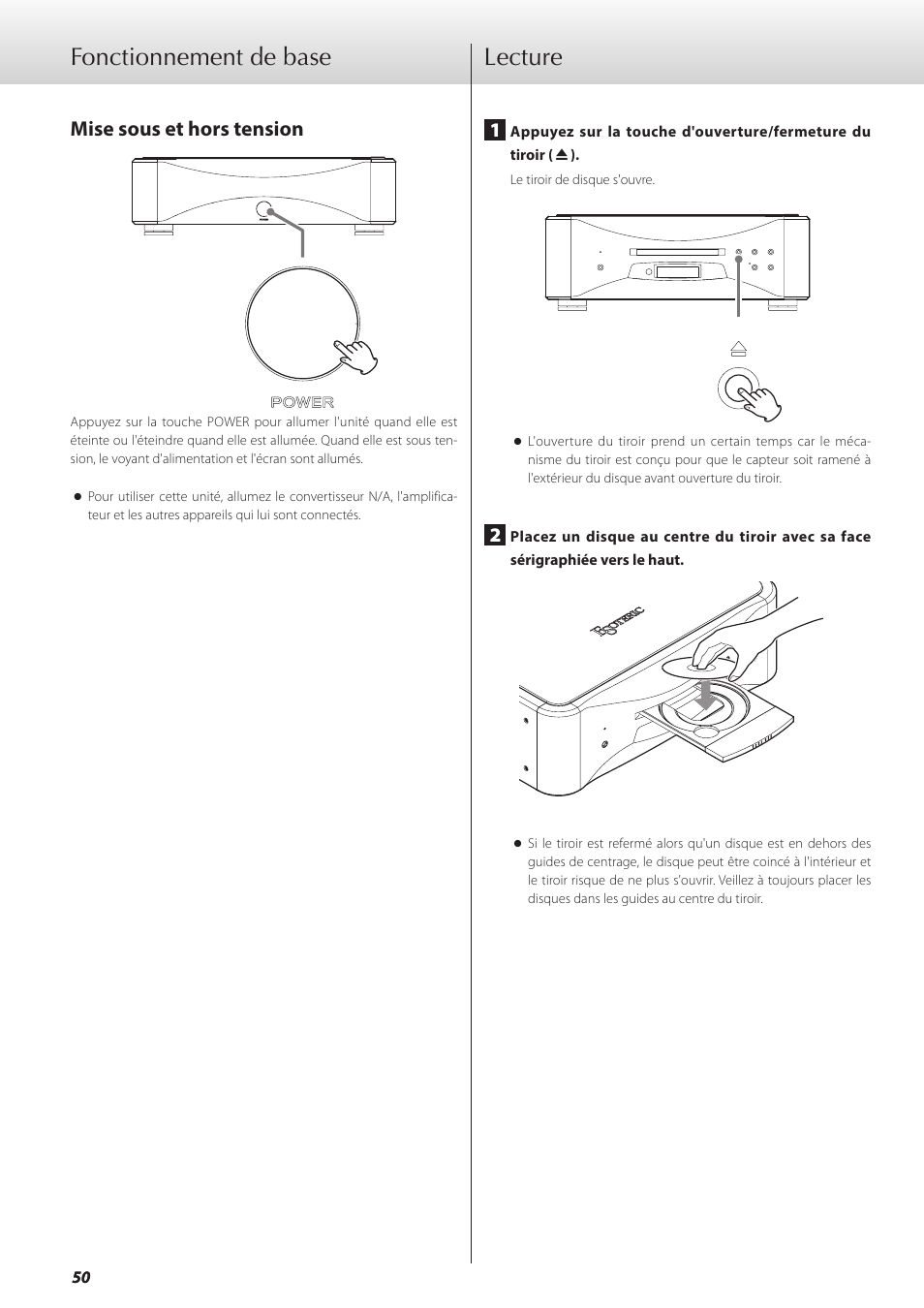 Fonctionnement de base, Mise sous et hors tension, Lecture | Fonctionnement de base lecture | Teac GRANDIOSO P1 User Manual | Page 50 / 104