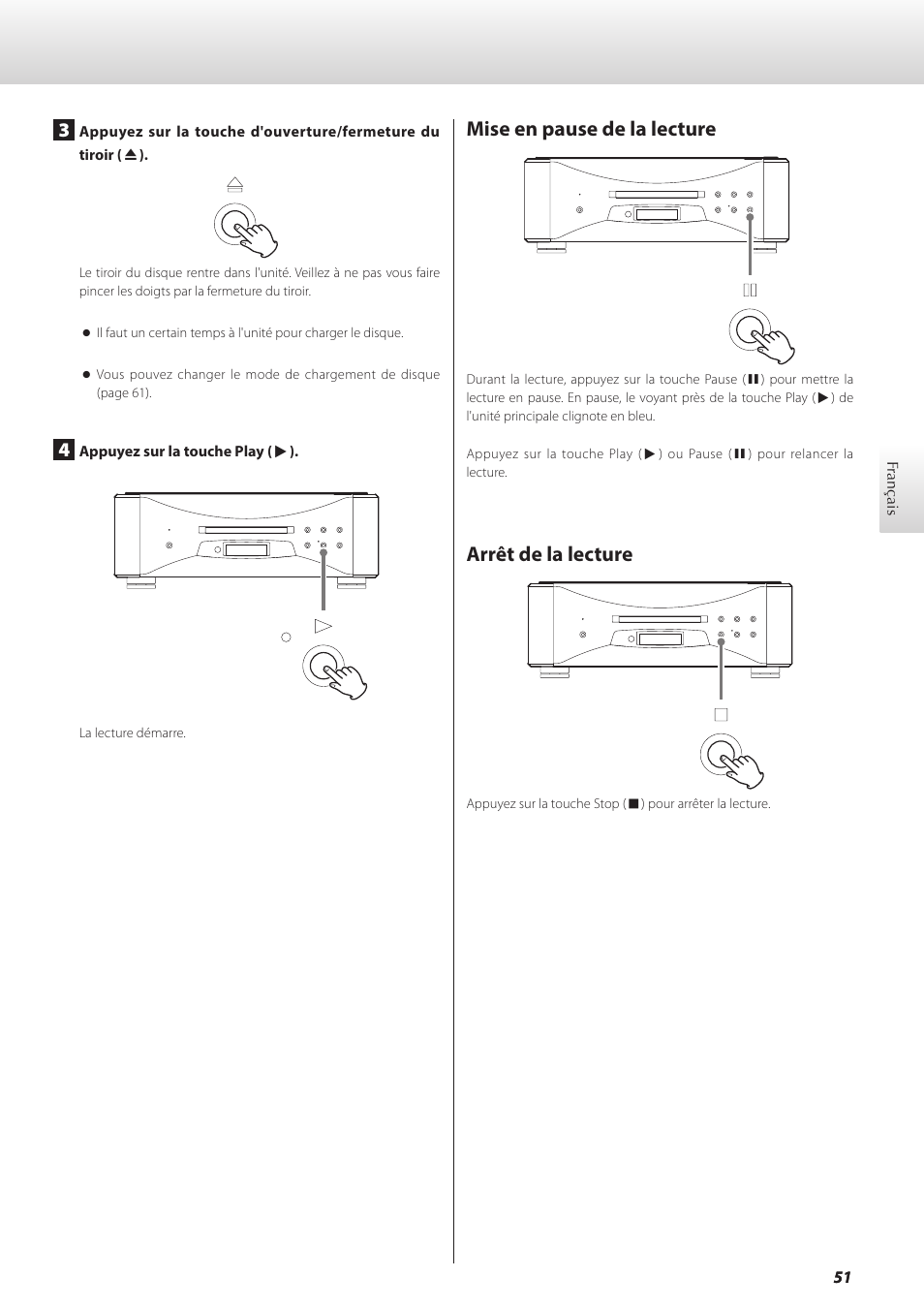 Mise en pause de la lecture, Arrêt de la lecture, Mise en pause de la lecture arrêt de la lecture | Teac GRANDIOSO P1 User Manual | Page 51 / 104