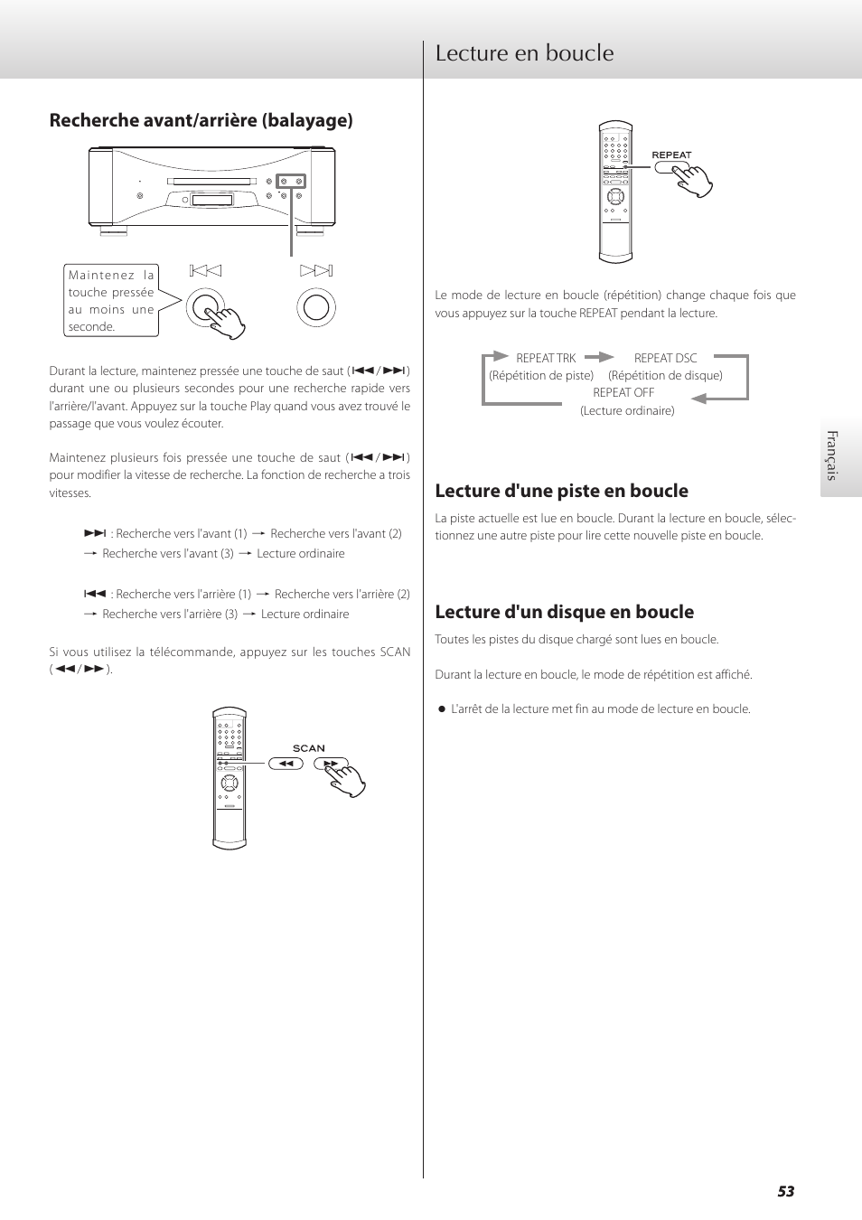 Recherche avant/arrière (balayage), Lecture en boucle, Lecture d'une piste en boucle | Lecture d'un disque en boucle | Teac GRANDIOSO P1 User Manual | Page 53 / 104