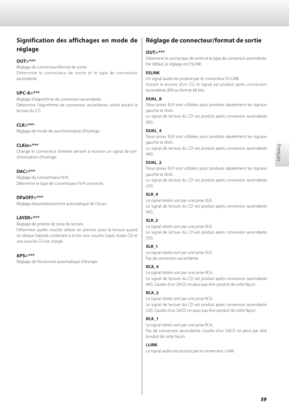 Signification des affichages en mode de réglage, Réglage de connecteur/format de sortie | Teac GRANDIOSO P1 User Manual | Page 59 / 104