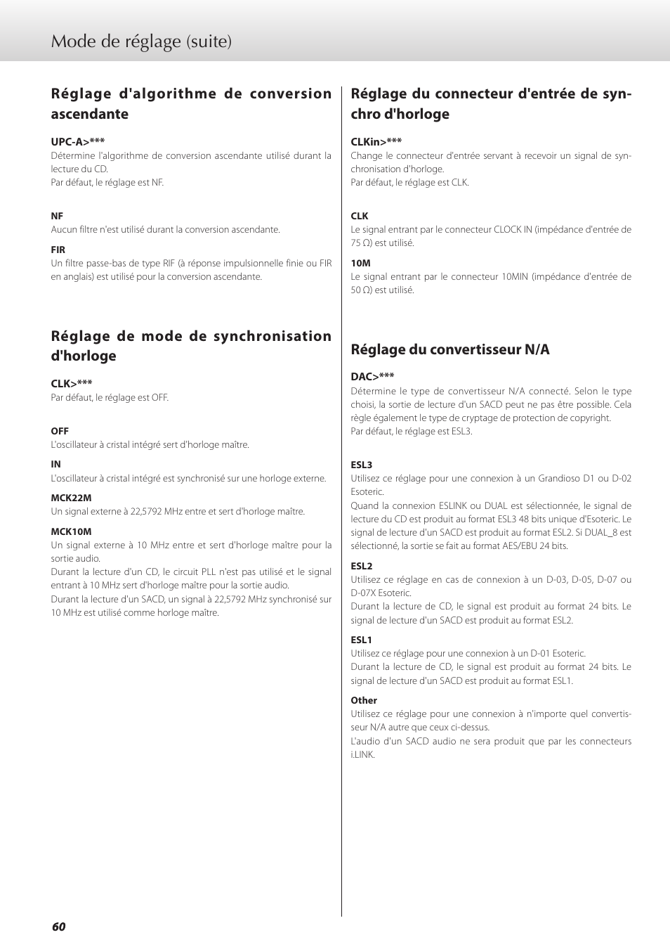 Réglage d'algorithme de conversion ascendante, Réglage de mode de synchronisation d'horloge, Réglage du convertisseur n/a | Mode de réglage (suite) | Teac GRANDIOSO P1 User Manual | Page 60 / 104