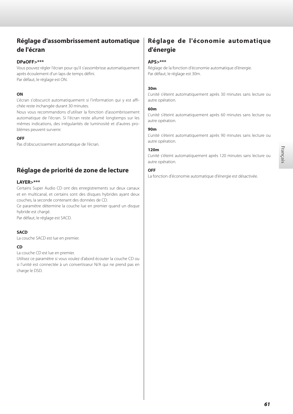 Réglage d'assombrissement automatique de l'écran, Réglage de priorité de zone de lecture, Réglage de l'économie automatique d'énergie | Teac GRANDIOSO P1 User Manual | Page 61 / 104