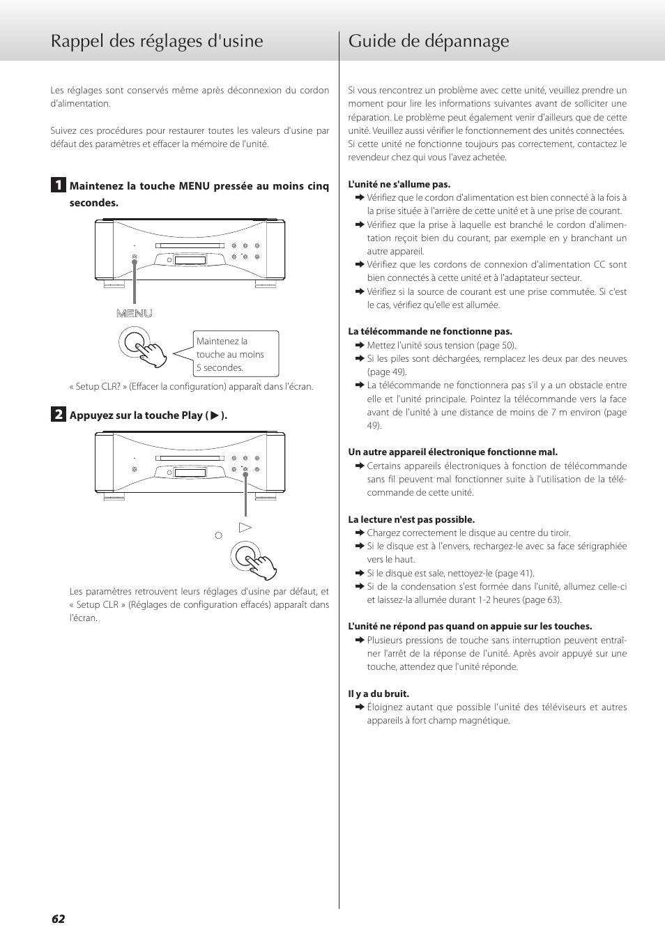 Rappel des réglages d'usine, Guide de dépannage | Teac GRANDIOSO P1 User Manual | Page 62 / 104