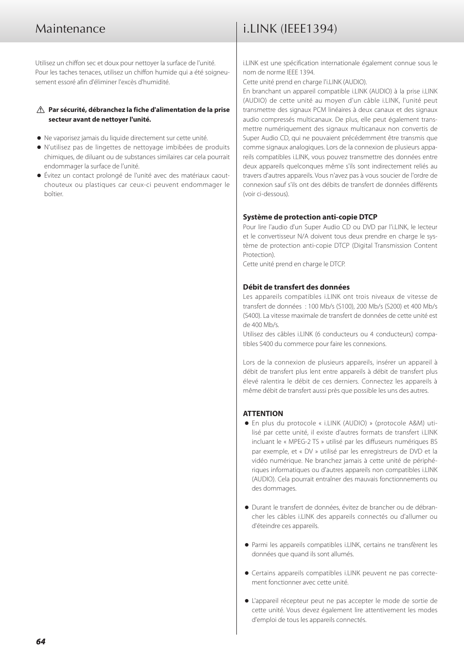 Maintenance, I.link (ieee1394), I.link (ieee1394) maintenance | Teac GRANDIOSO P1 User Manual | Page 64 / 104