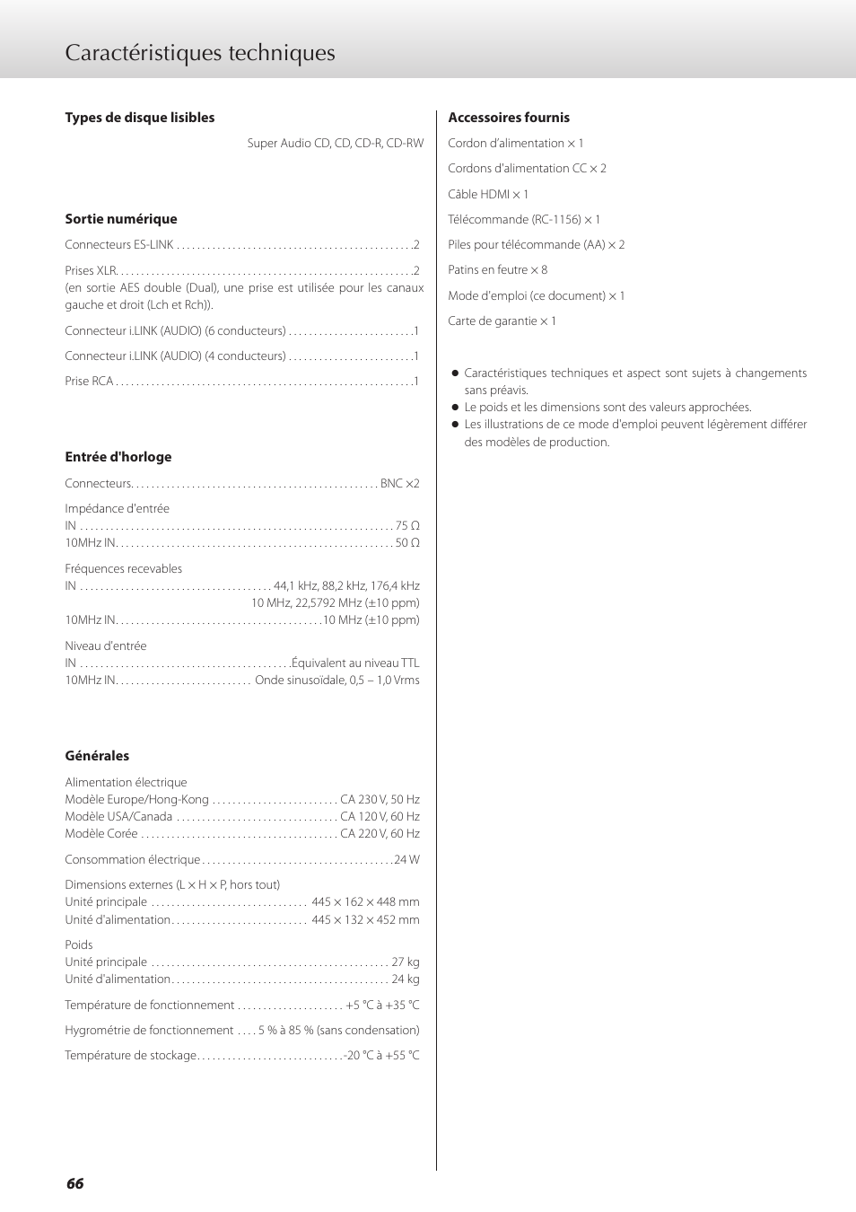 Caractéristiques techniques | Teac GRANDIOSO P1 User Manual | Page 66 / 104