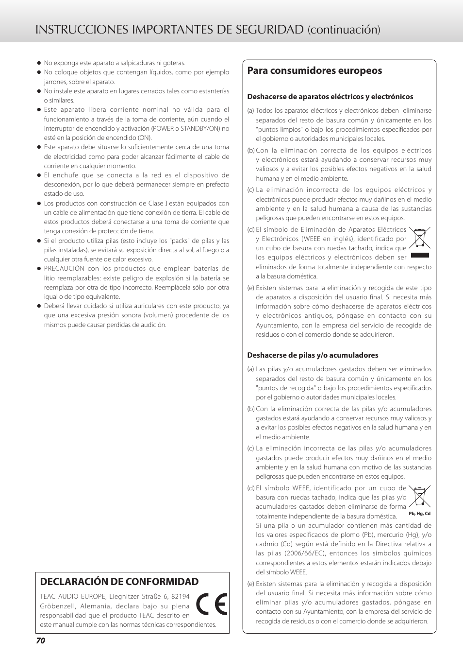 Para consumidores europeos, Declaración de conformidad | Teac GRANDIOSO P1 User Manual | Page 70 / 104