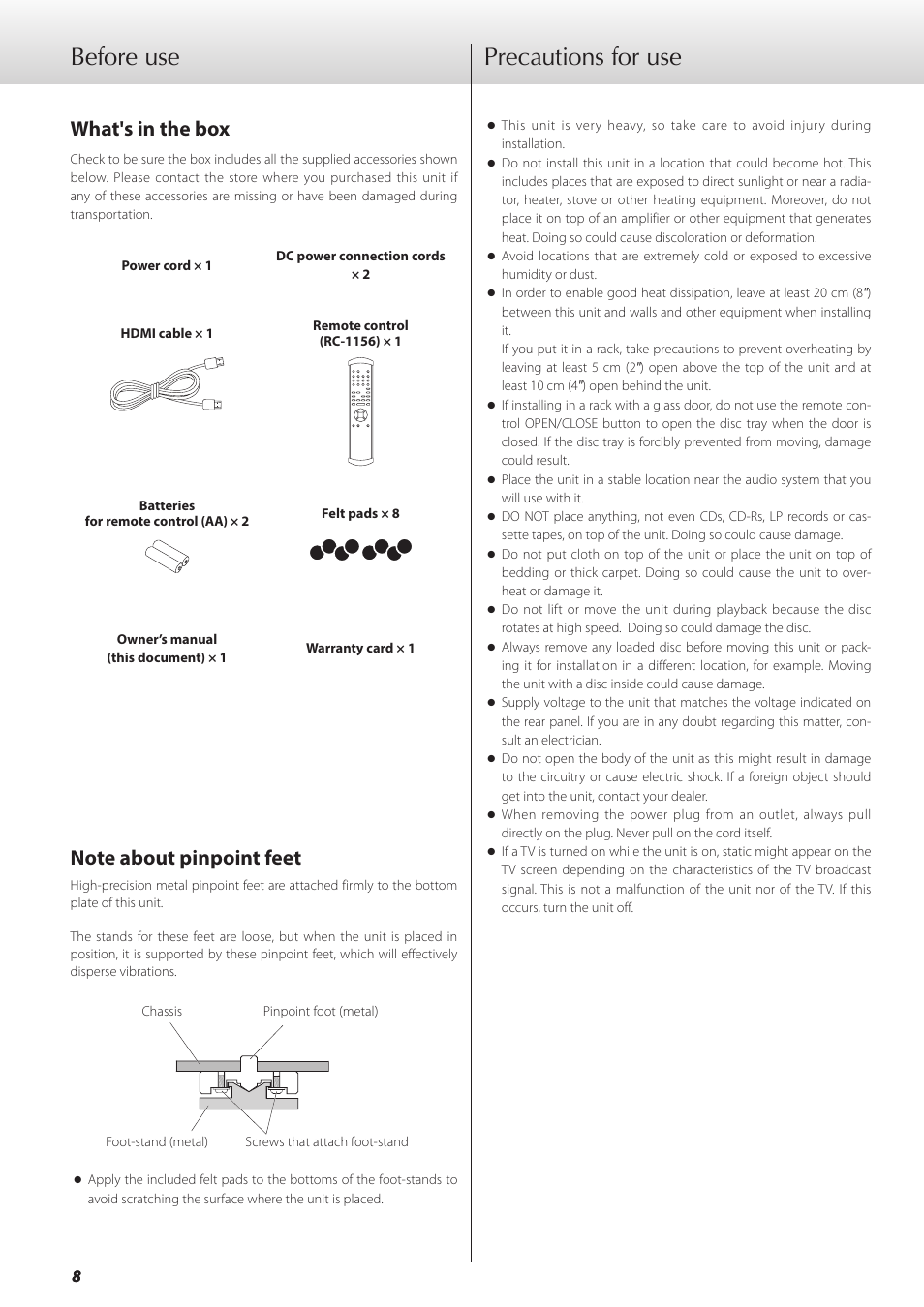 Before use, What's in the box, Note about pinpoint feet | Precautions for use, What's in the box note about pinpoint feet | Teac GRANDIOSO P1 User Manual | Page 8 / 104