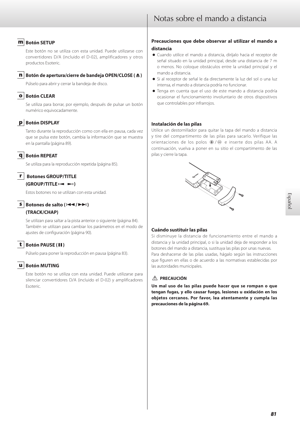 Notas sobre el mando a distancia | Teac GRANDIOSO P1 User Manual | Page 81 / 104