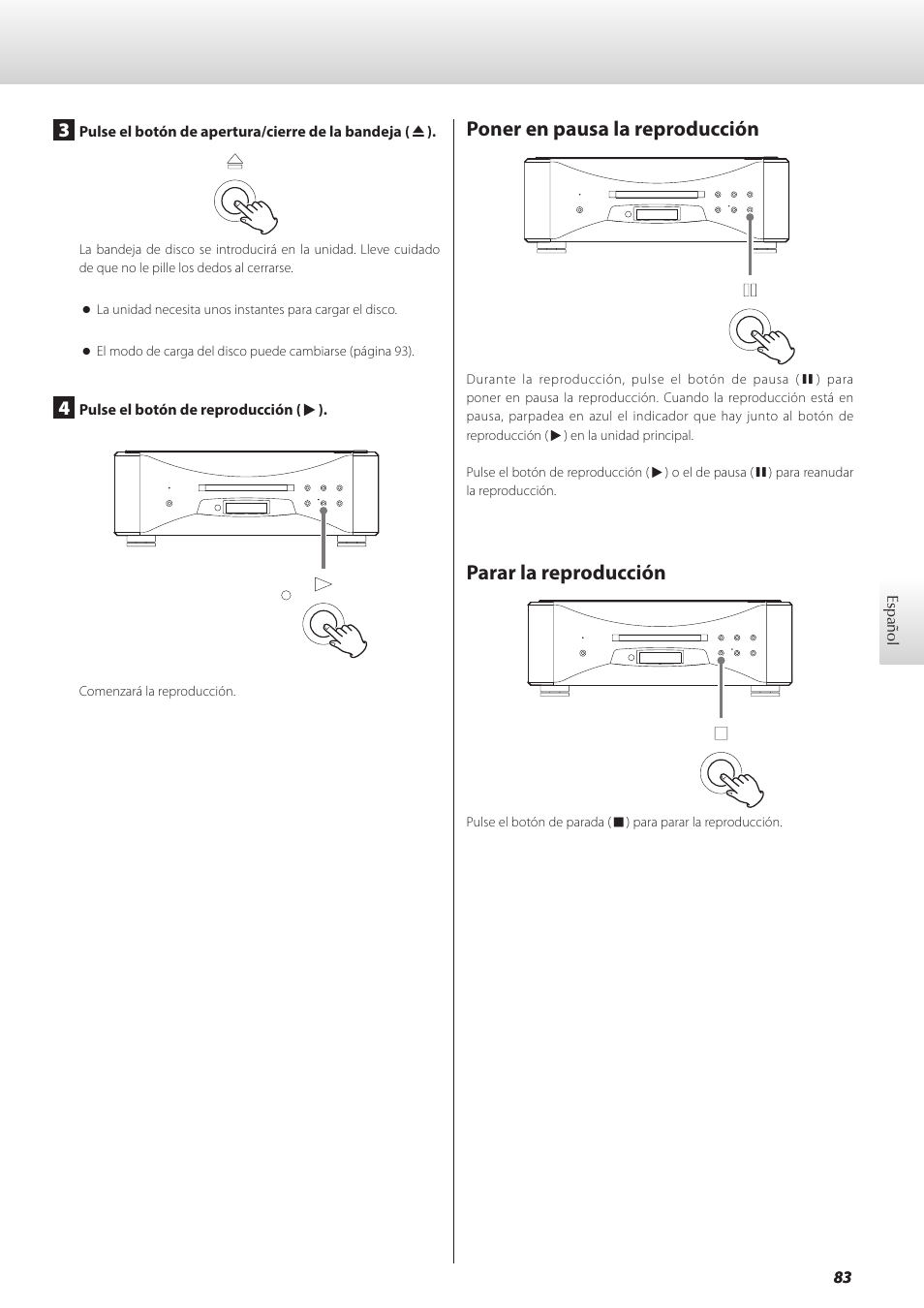 Poner en pausa la reproducción, Parar la reproducción, Ina 83 | Teac GRANDIOSO P1 User Manual | Page 83 / 104