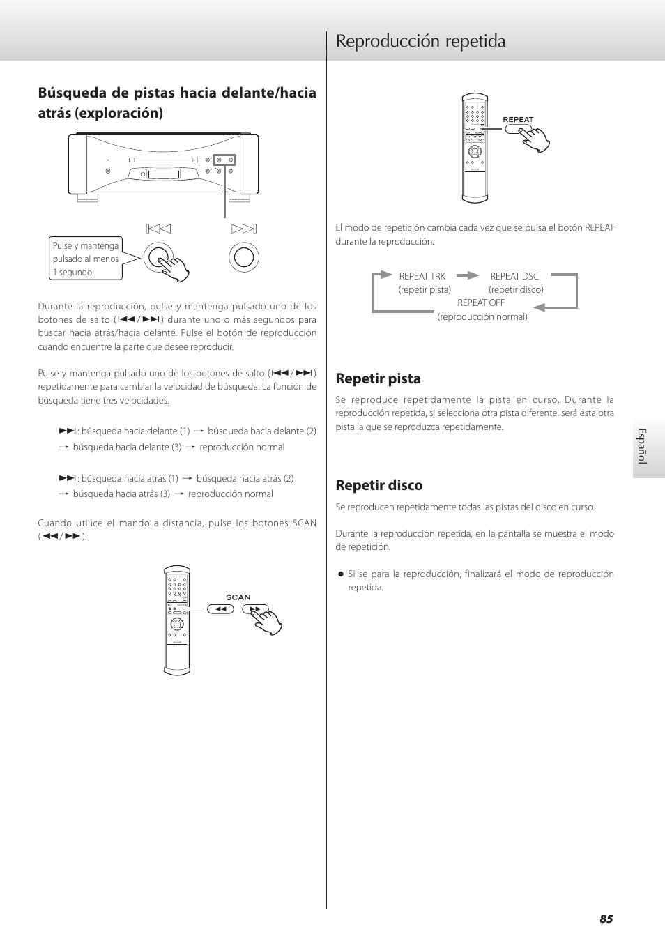 Reproducción repetida, Repetir pista, Repetir disco | Repetir pista repetir disco, Ina 85 | Teac GRANDIOSO P1 User Manual | Page 85 / 104