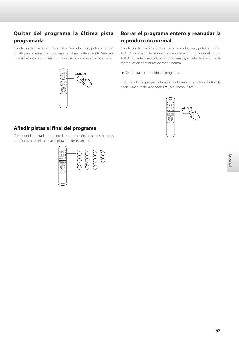 Quitar del programa la última pista programada, Añadir pistas al final del programa | Teac GRANDIOSO P1 User Manual | Page 87 / 104