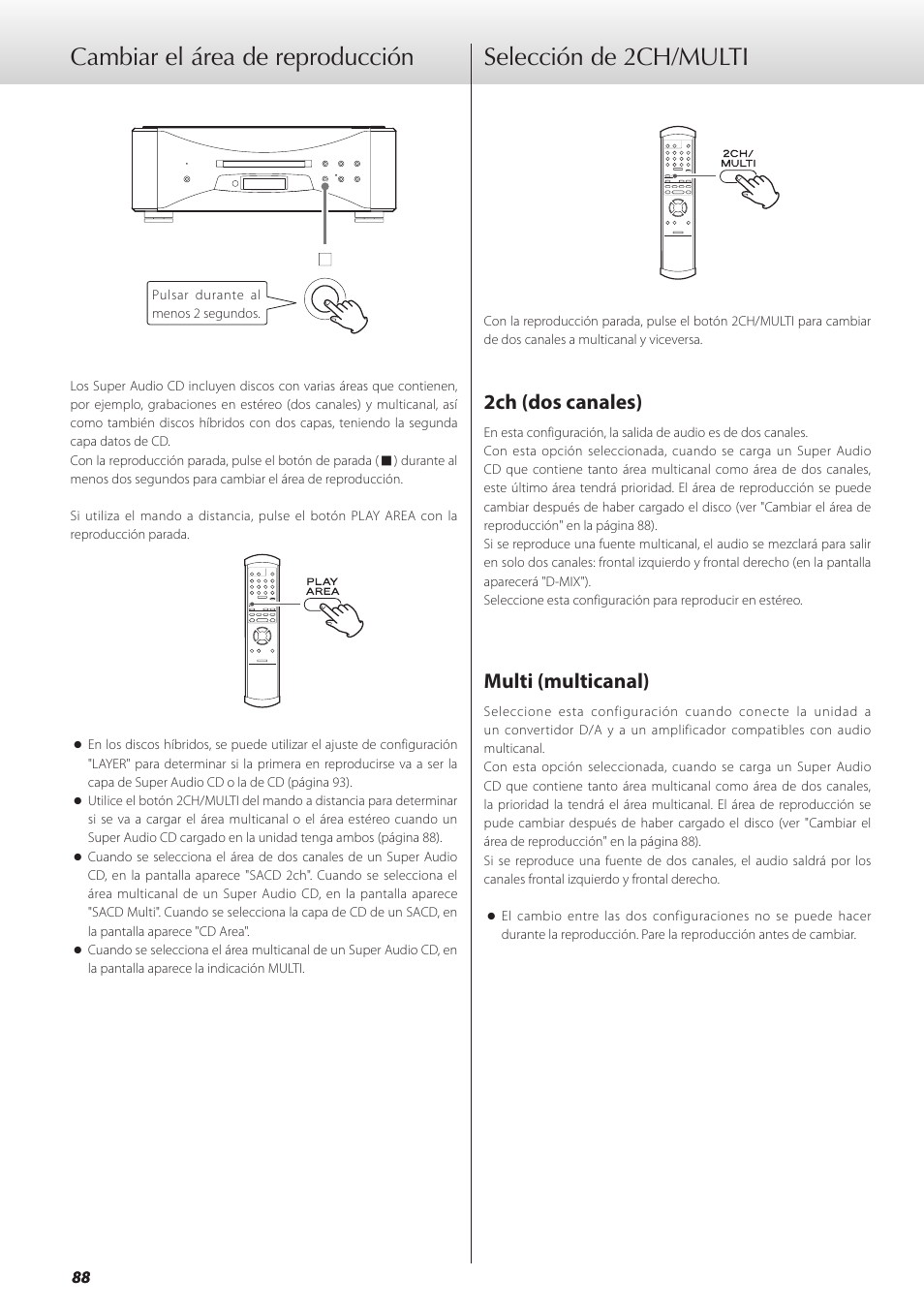 Cambiar el área de reproducción, Selección de 2ch/multi, 2ch (dos canales) | Multi (multicanal), 2ch (dos canales) multi (multicanal), Ina 88, Ina 88) | Teac GRANDIOSO P1 User Manual | Page 88 / 104