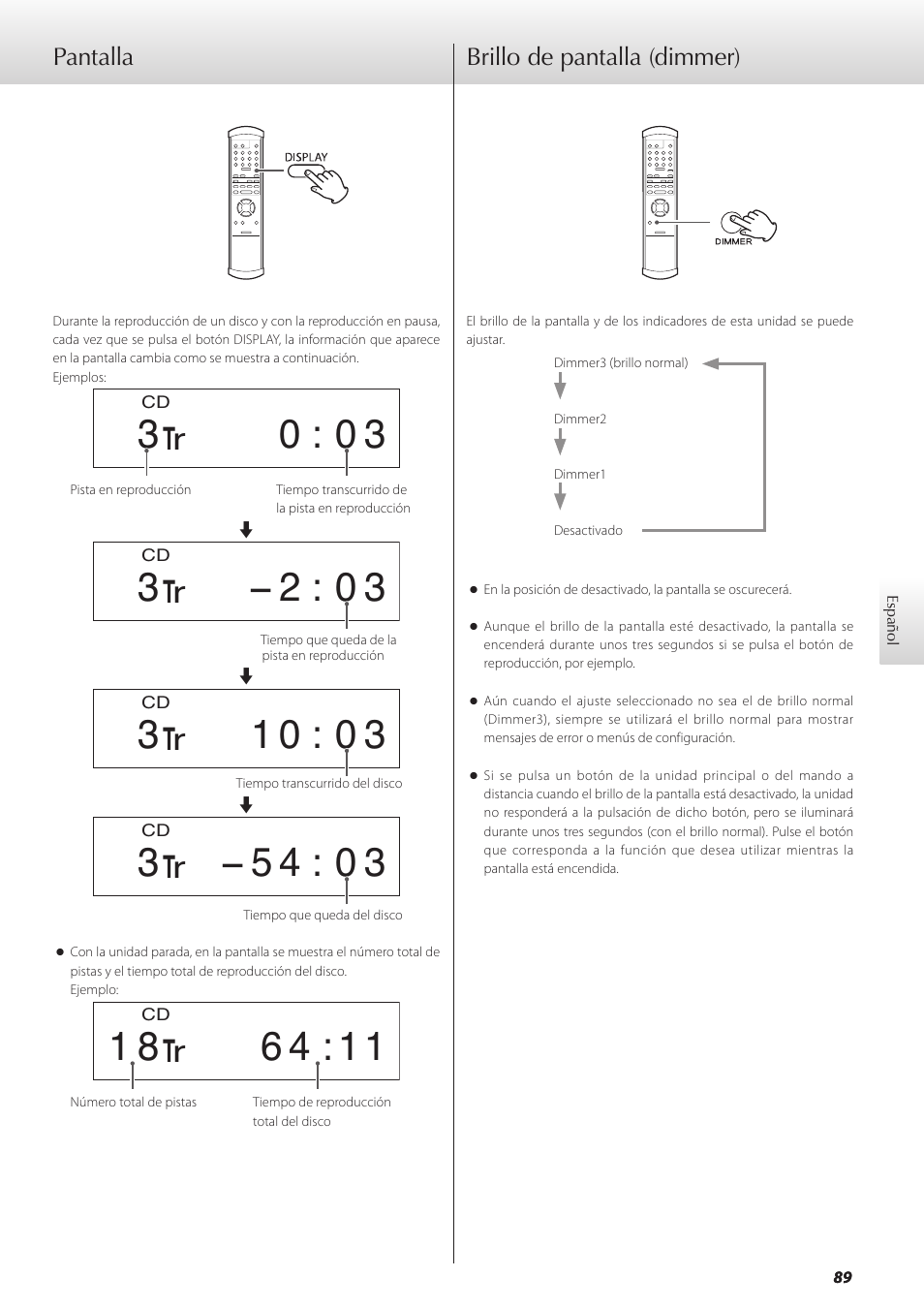 Pantalla, Brillo de pantalla (dimmer), Ina 89 | Teac GRANDIOSO P1 User Manual | Page 89 / 104