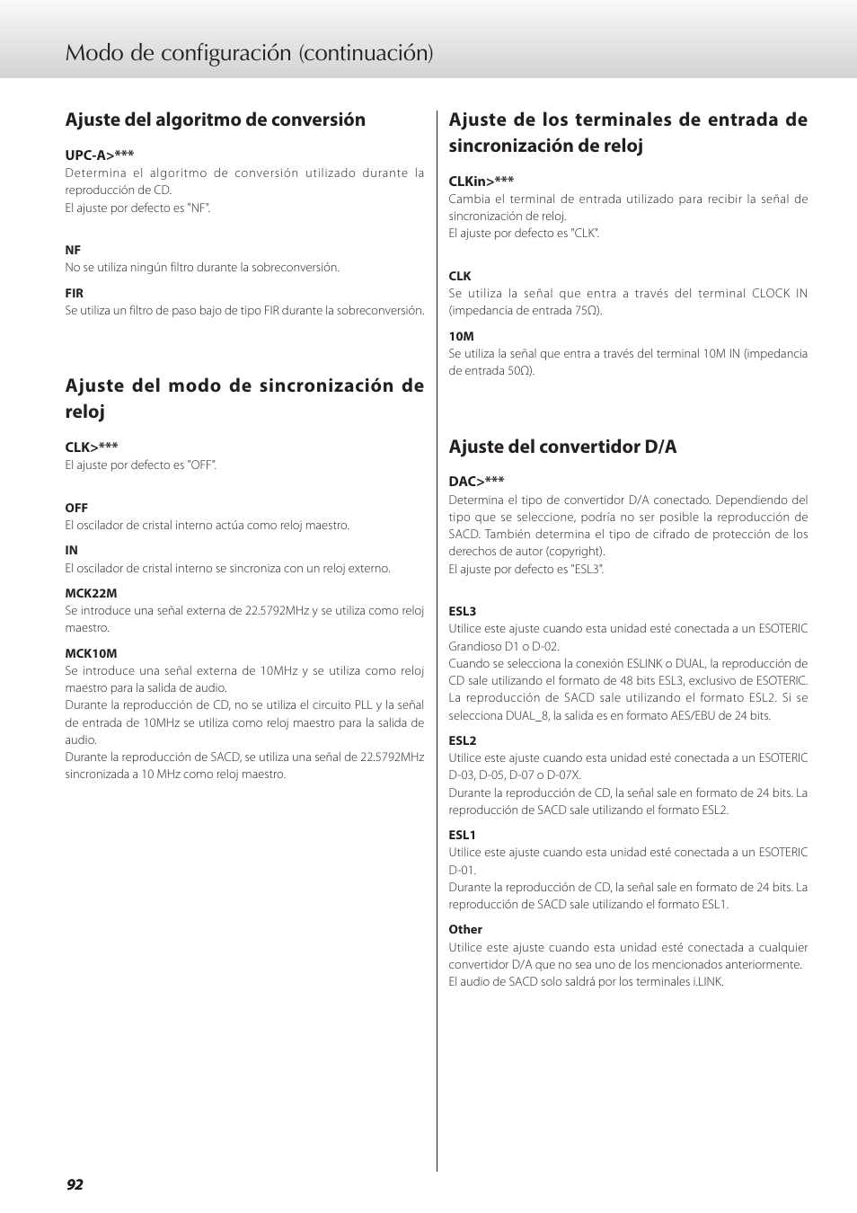 Ajuste del algoritmo de conversión, Ajuste del modo de sincronización de reloj, Ajuste del convertidor d/a | Modo de configuración (continuación) | Teac GRANDIOSO P1 User Manual | Page 92 / 104