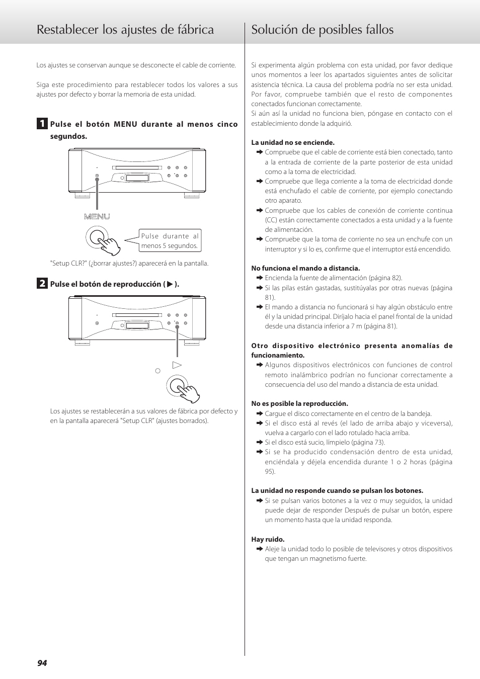 Restablecer los ajustes de fábrica, Solución de posibles fallos | Teac GRANDIOSO P1 User Manual | Page 94 / 104