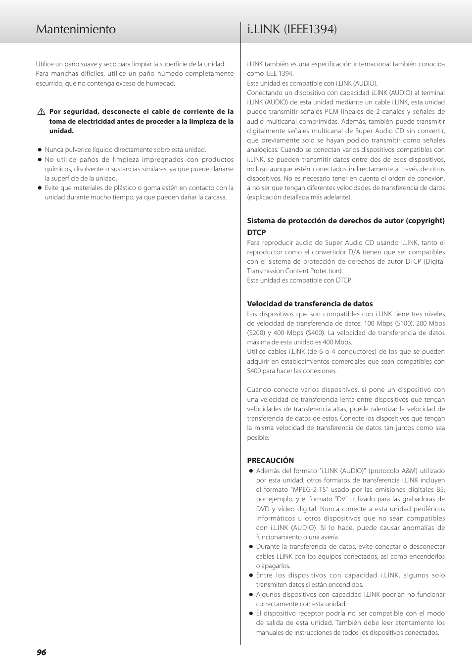 Mantenimiento, I.link (ieee1394), I.link (ieee1394) mantenimiento | Teac GRANDIOSO P1 User Manual | Page 96 / 104