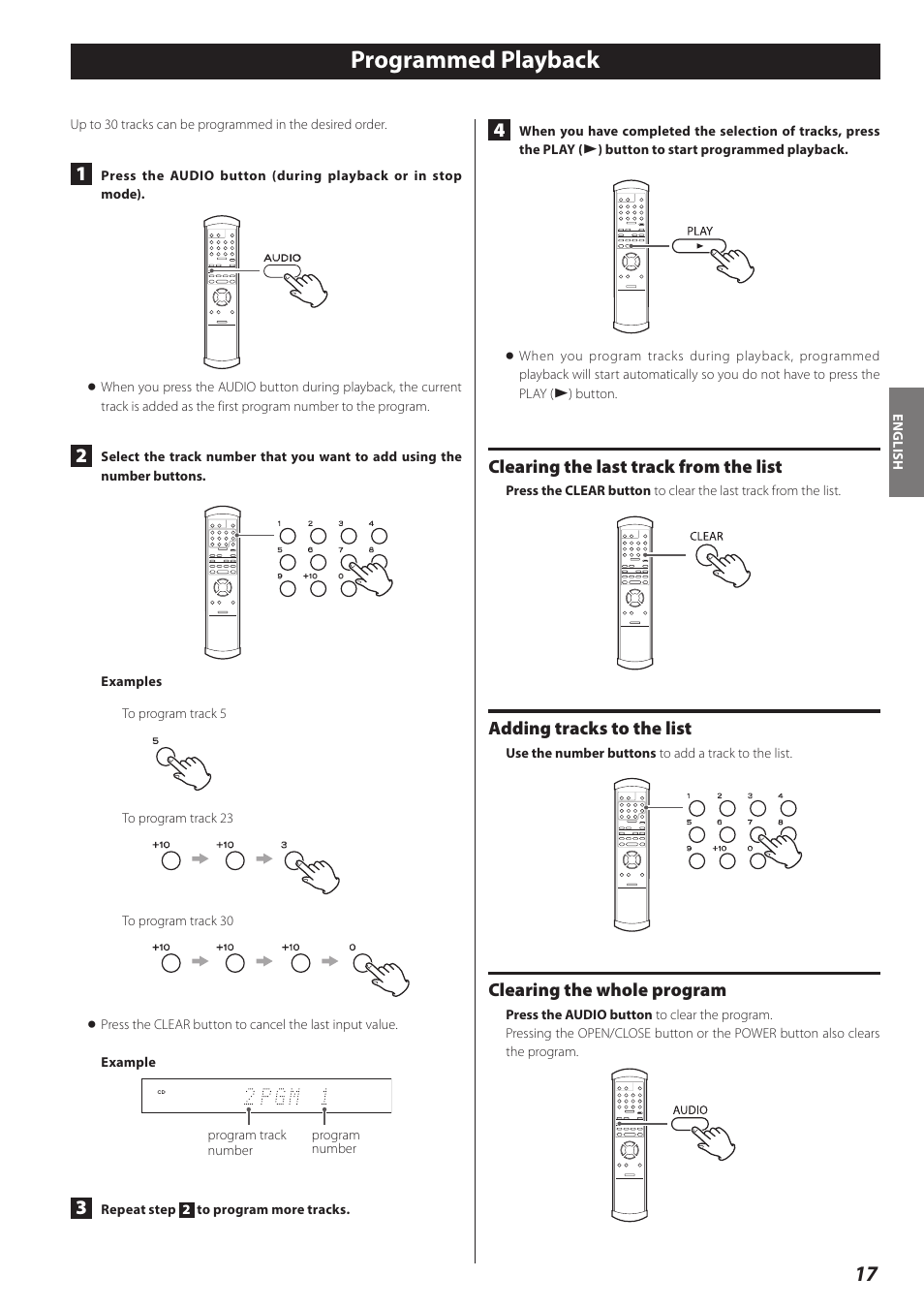 Programmed playback, Clearing the last track from the list, Adding tracks to the list | Clearing the whole program | Teac P-02 User Manual | Page 17 / 84