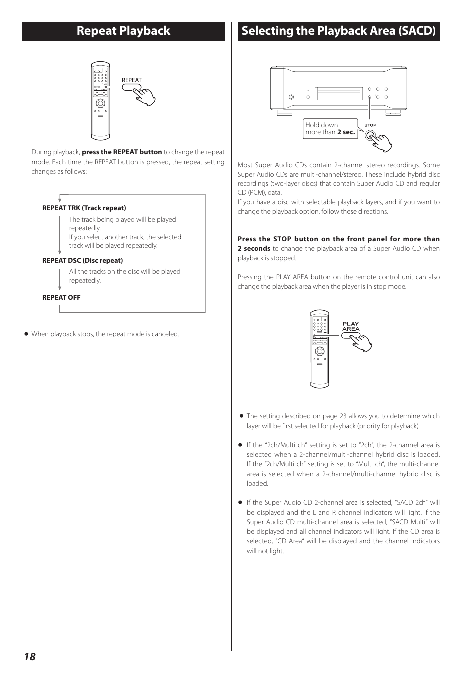 Repeat playback, Selecting the playback area (sacd), Repeat playback selecting the playback area (sacd) | Teac P-02 User Manual | Page 18 / 84