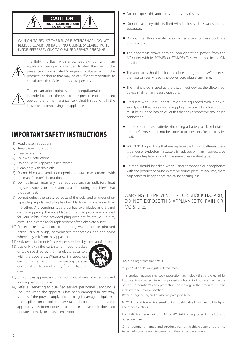 Important safety instructions | Teac P-02 User Manual | Page 2 / 84