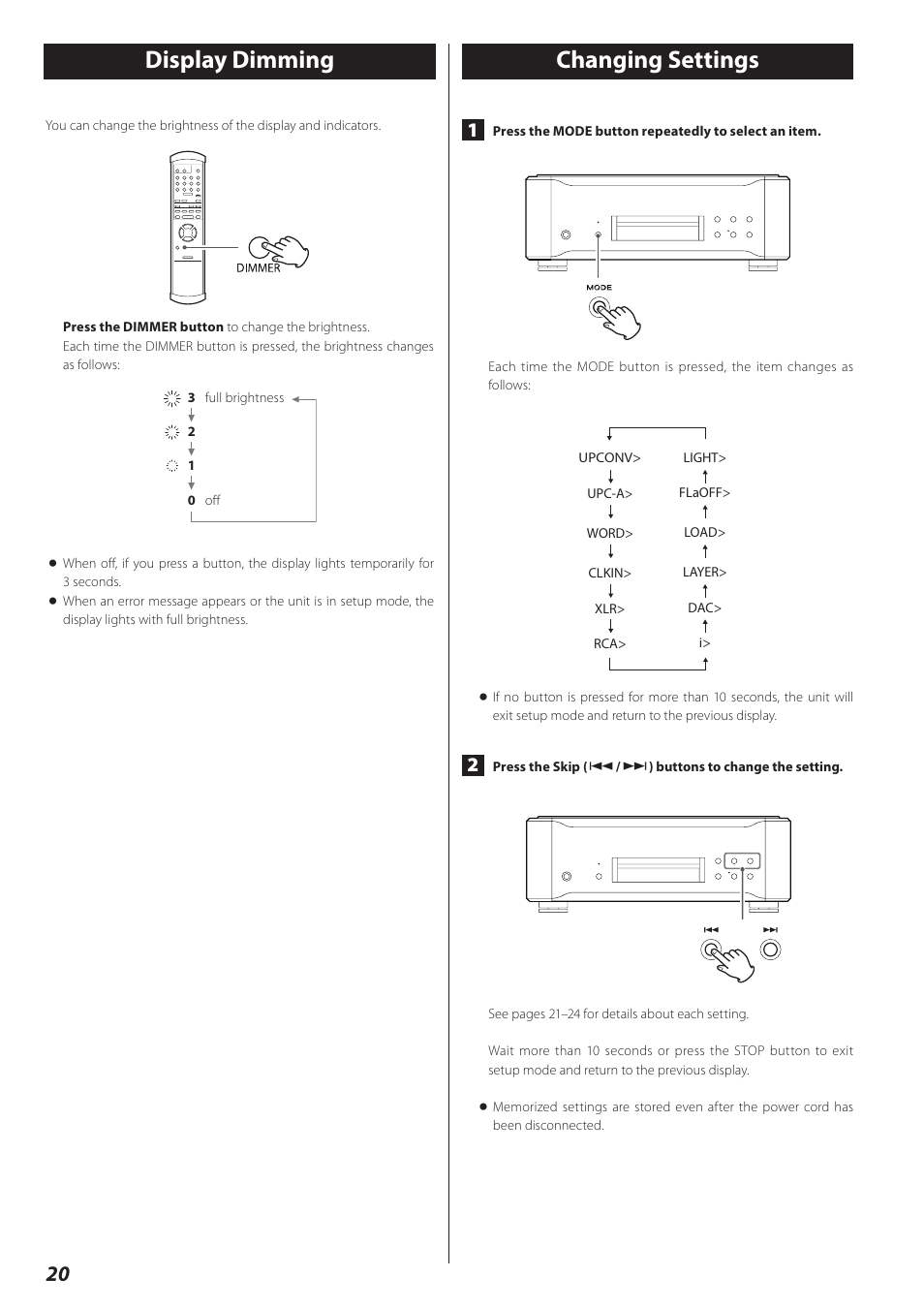 Display dimming, Changing settings, Display dimming changing settings | Changing settings display dimming | Teac P-02 User Manual | Page 20 / 84