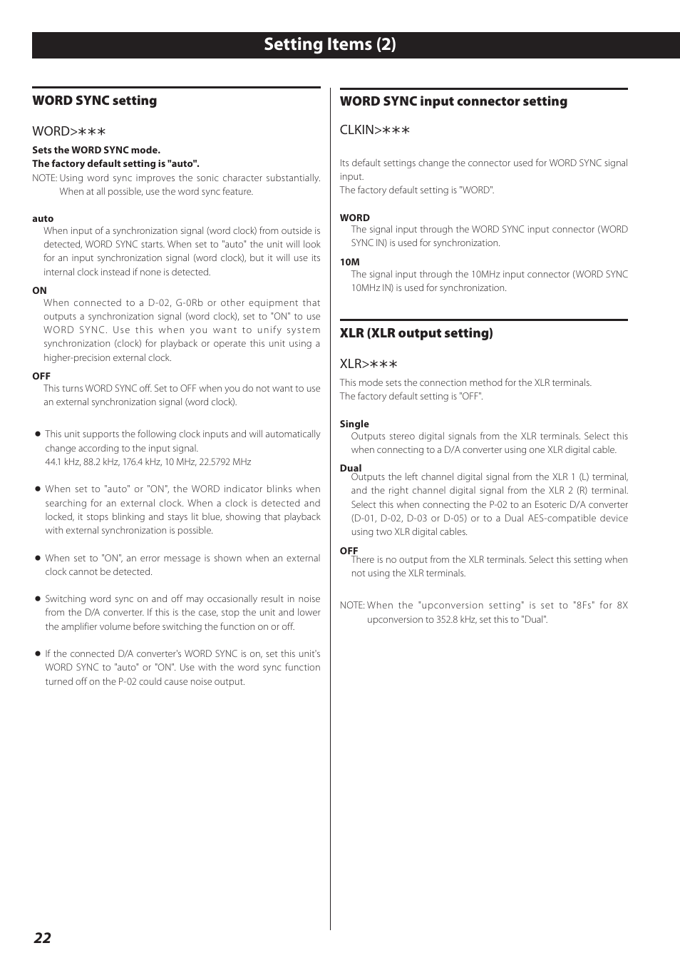 Setting items (2), Word sync setting word, Word sync input connector setting clkin | Xlr (xlr output setting) xlr | Teac P-02 User Manual | Page 22 / 84