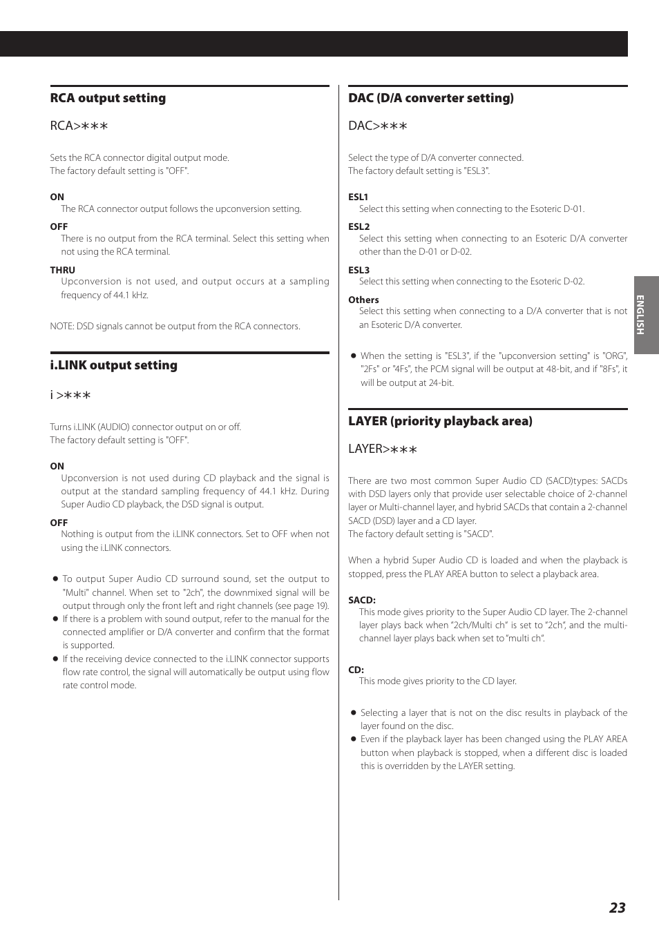 Rca output setting rca, I.link output setting i, Dac (d/a converter setting) dac | Layer (priority playback area) layer | Teac P-02 User Manual | Page 23 / 84