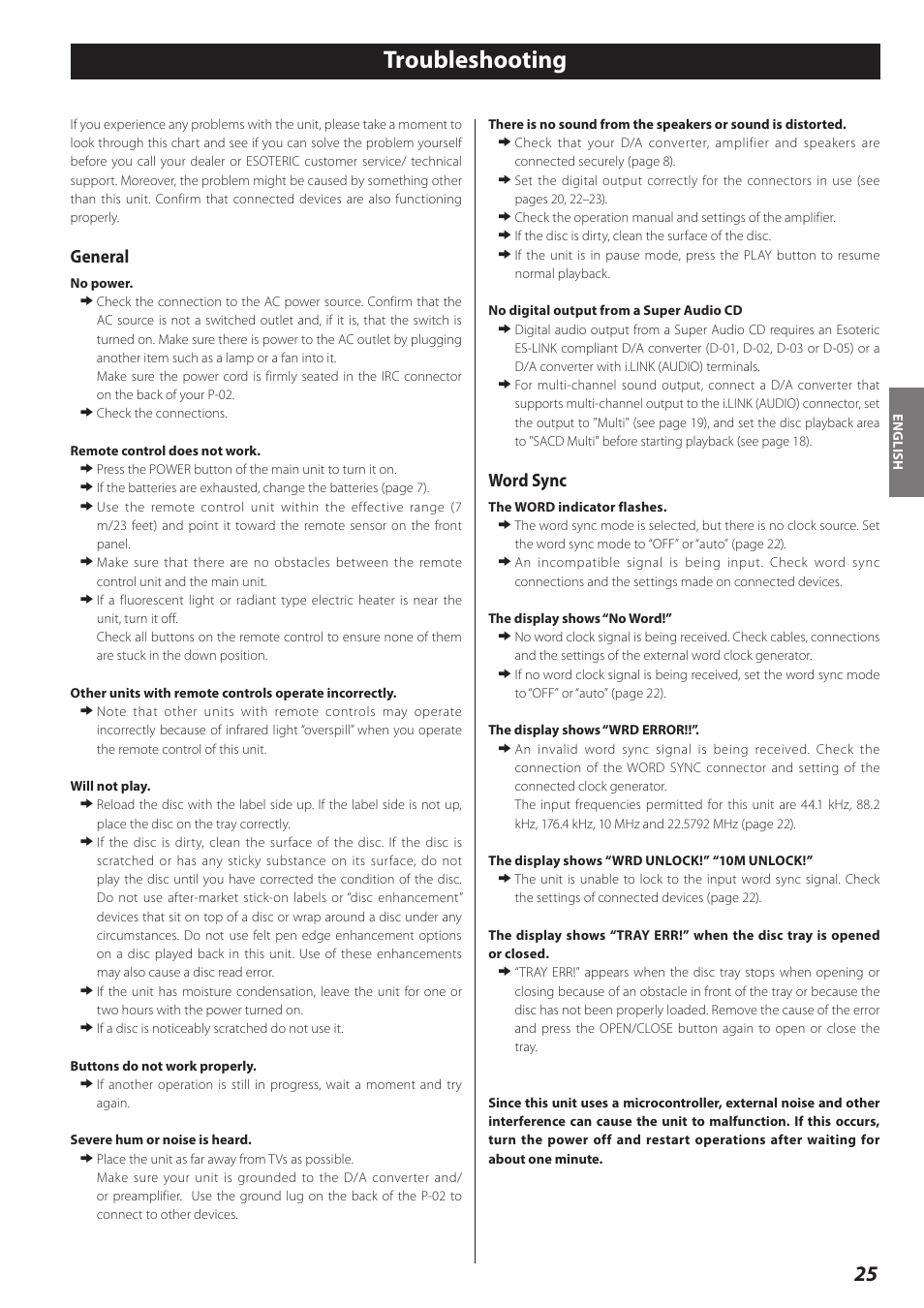 Troubleshooting, General, Word sync | Teac P-02 User Manual | Page 25 / 84