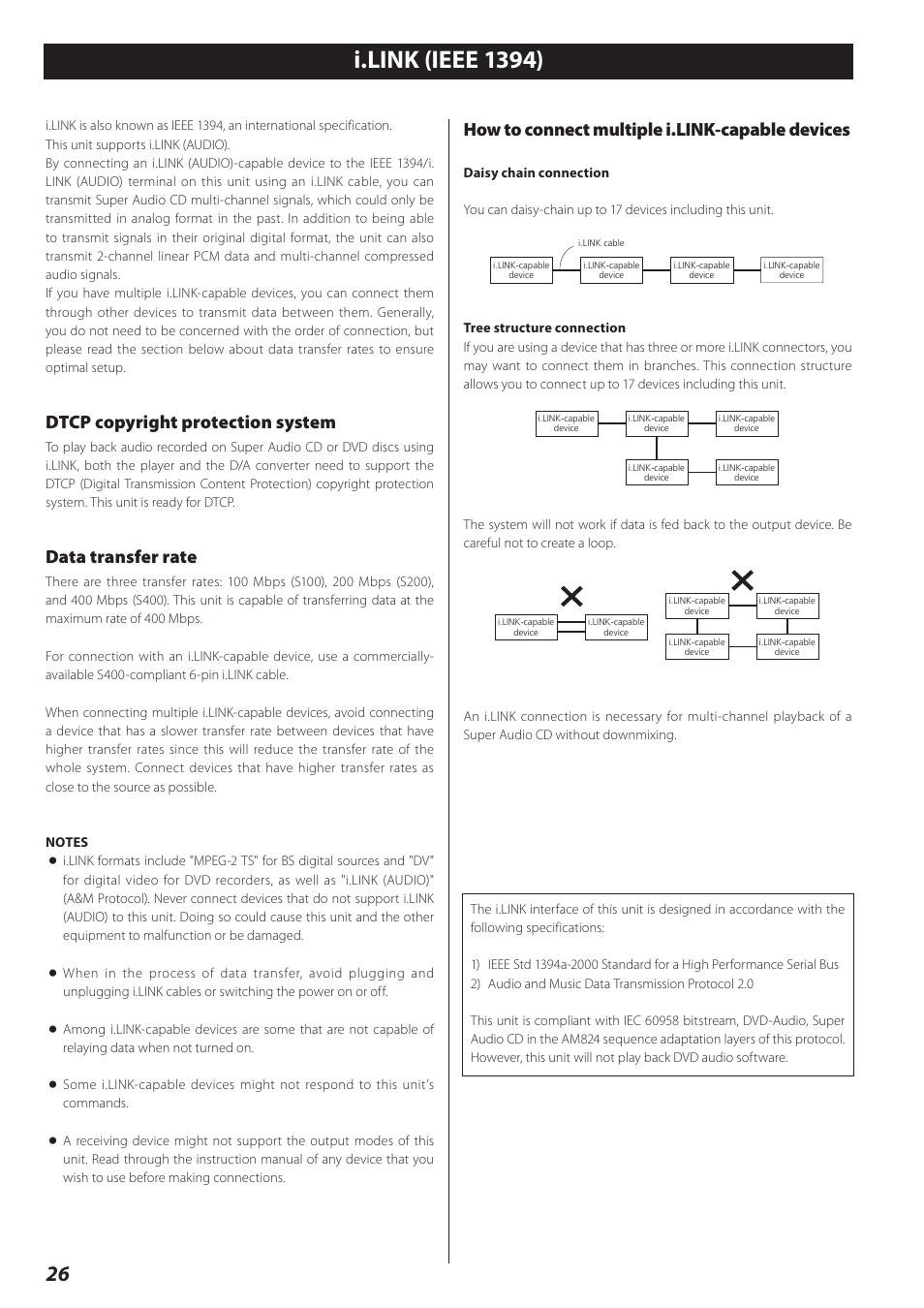 I.link (ieee 1394), Dtcp copyright protection system, Data transfer rate | How to connect multiple i.link-capable devices | Teac P-02 User Manual | Page 26 / 84