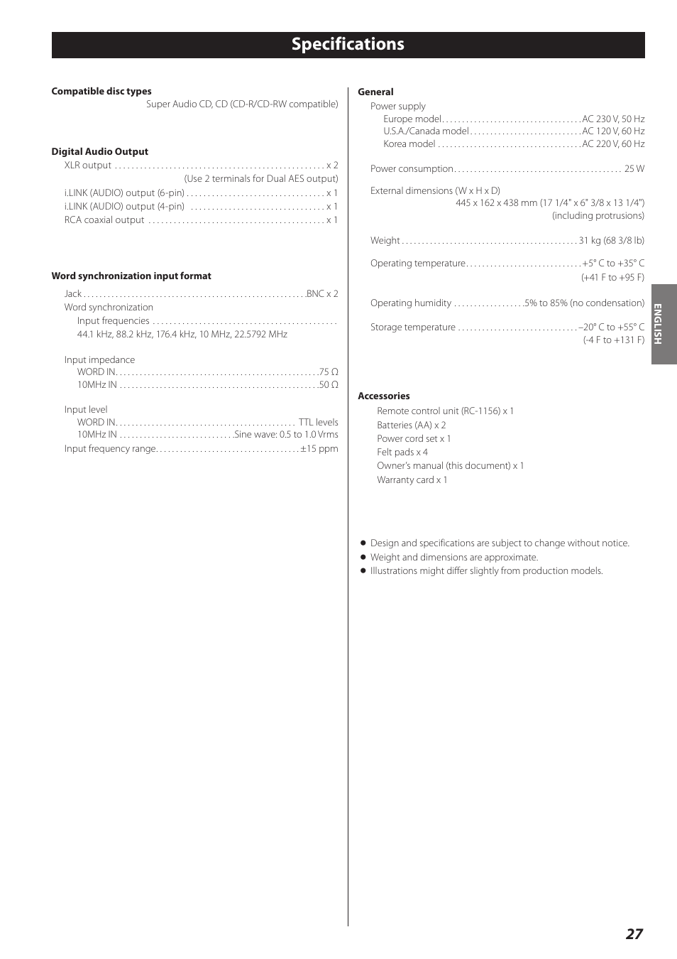 Specifications | Teac P-02 User Manual | Page 27 / 84